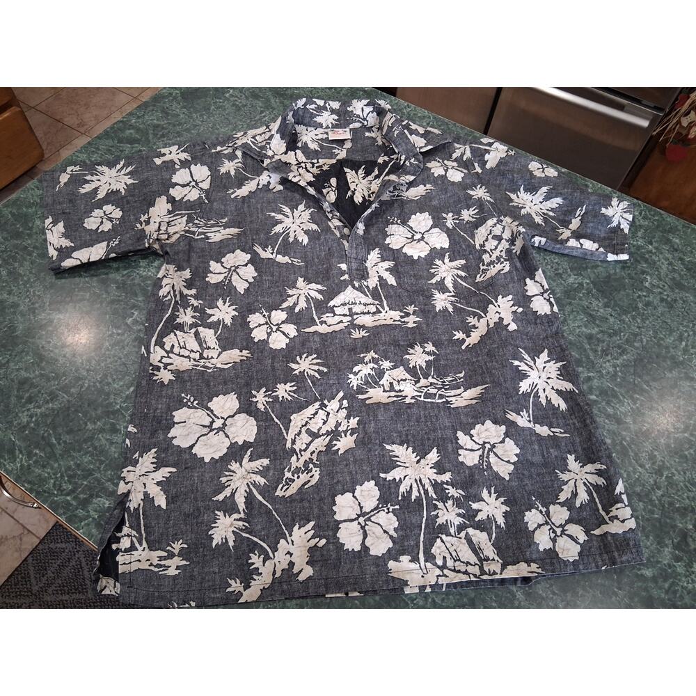 Vintage Go Barefoot Hawaiian Tradition Shirt L 100% Cotton USA Palm Hibiscus Hut